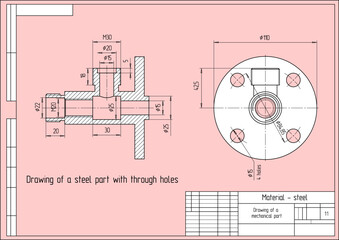 Vector drawing of a steel mechanical part with through holes.
Engineering cad scheme. Mechanic background.