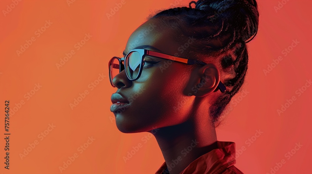 Poster a dynamic poster design with a model wearing glasses, set against a solid background. the model's bo
