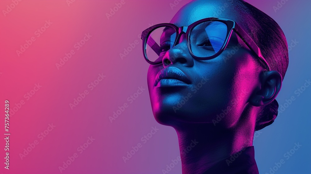 Poster a dynamic poster design with a model wearing glasses, set against a solid background. the model's bo