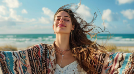 Young woman wearing colorful poncho relaxing in beautiful nature with opened arms. Spirituality, harmony and connection with nature concept.