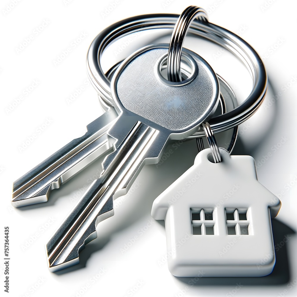 Poster a key ring with three silver keys and a white house-shaped keychain on a reflective surface.