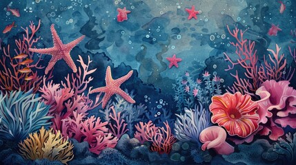 Fototapeta na wymiar Vibrant Underwater Watercolor