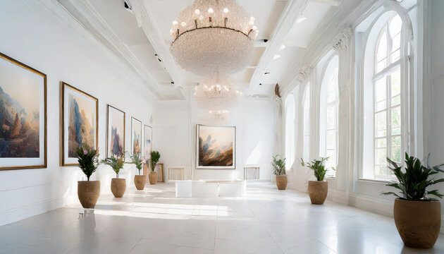 White art gallery interior with mock up posters