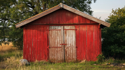 Rustic red wooden barn at dusk.