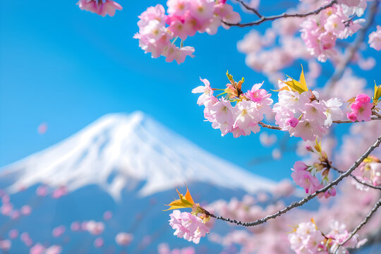 Kirschblüten vor dem Mount Fuji in Japan, Natur, erstellt mit generativer KI