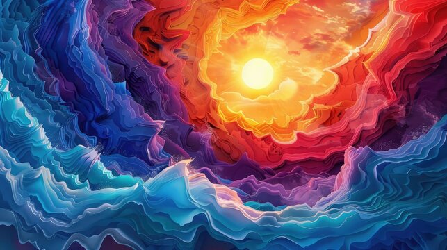 Vivid Waves and Sun: Abstract Landscape Painting
