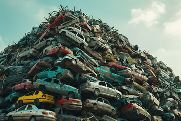 High-quality documentary image capturing the sheer scale of a mountain made entirely of scrapped automobiles