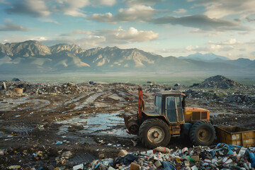 a sprawling landfill scene with mountains of trash and a solitary tractor