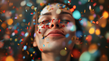 Woman with confetti on her face.