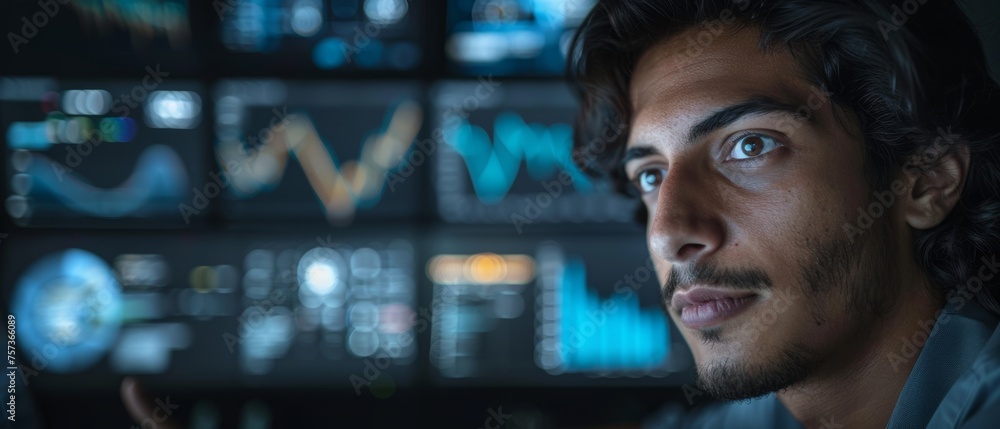 Leinwandbilder an indian man looking at a computer screen with graphs and charts in a business research and develop
