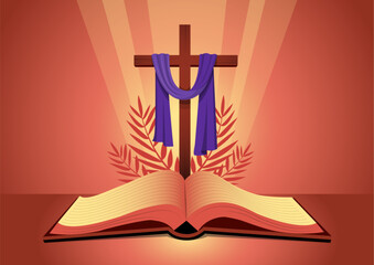 Open bible book with christian cross and palm leaves
