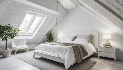 Fototapeta na wymiar White attic master bedroom interior
