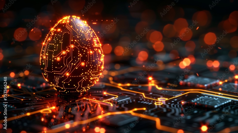 Aufkleber Glowing digital modern illustration of a glowing 3D egg in futuristic tech style. Abstract 3D egg with circuit board texture on a greeting card.