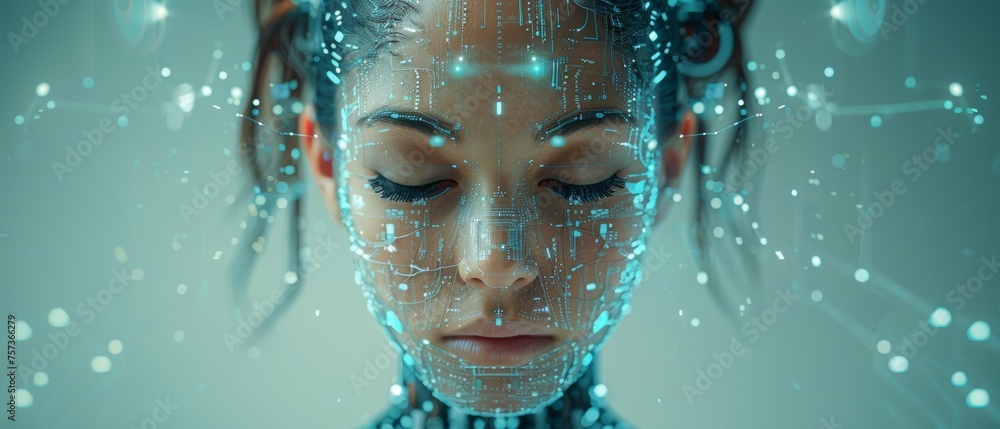 Poster In an image of a female robot working with a computer interface, an artificial intelligence is shown. A robot woman with four arms in the image of the goddess Kali is using an AI neural network that
