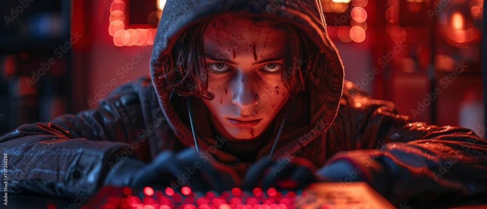 Poster a teenage gamer in a hood is playing on a laptop. a teenage girl or boy in a hood is a hacker, a pro