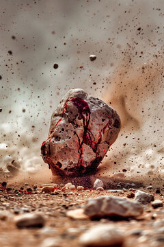 A stone stained with blood symbol of the unjust stoning of people