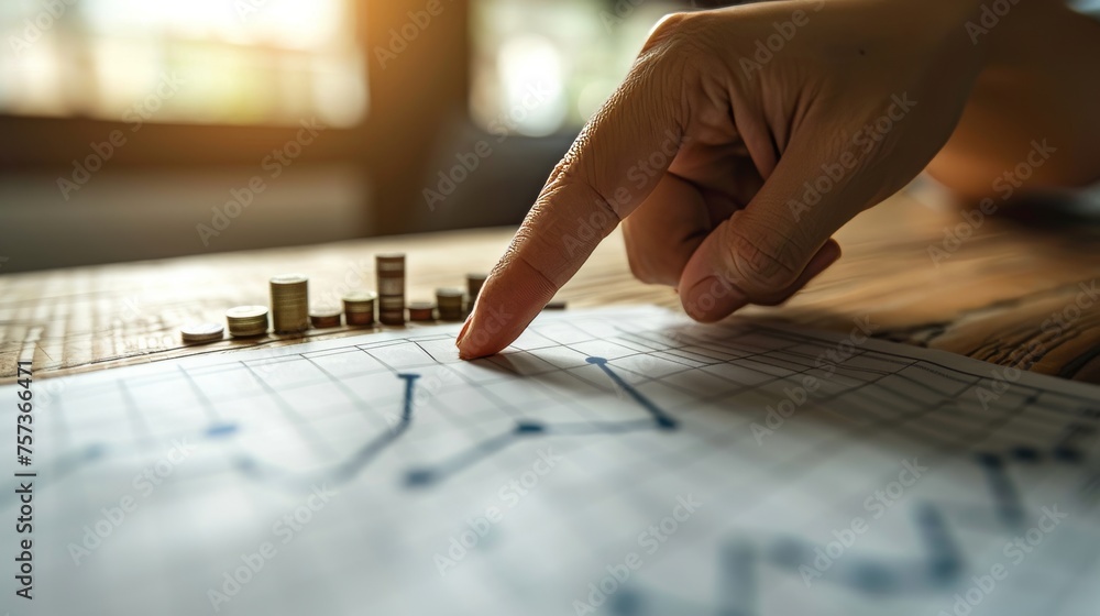 Poster Above stacks of coins, a businessman points to an increase chart showing growth and success.