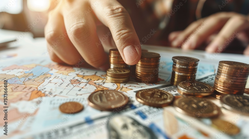 Poster in this image, a businessman points to the graph of growth above stacks of coins. this is a business