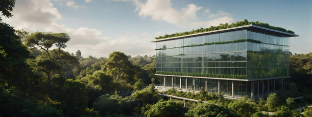 Eco-friendly glass office building surrounded by greenery, illustrating a commitment to sustainability and carbon reduction. - obrazy, fototapety, plakaty