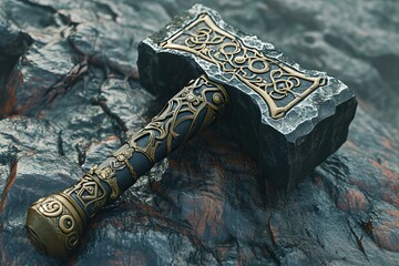 Ancient fantasy hammer. Medieval thunder. Generate Ai - obrazy, fototapety, plakaty