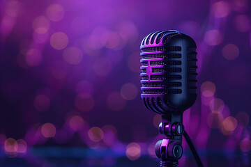 Fototapeta na wymiar Microphone with waveform on purple background, podcast banner concept