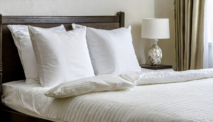 White bedding sheets and pillow background, Messy bed concept