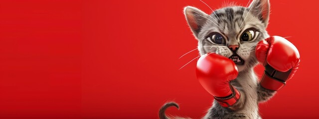 Kitten boxer fighter with a red boxing gloves isolated on bright red background with copy space