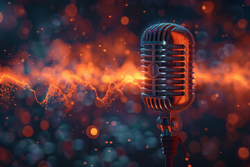 Microphone with waveform on purple background, podcast banner concept