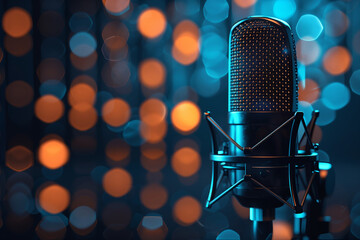 Microphone with waveform on blue background, podcast banner concept