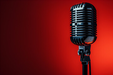 Fototapeta premium Microphone with waveform on red background, podcast banner concept