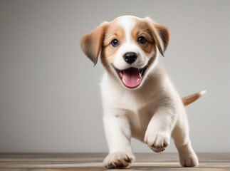 Playful puppy jumping and rejoicing, empty gray background