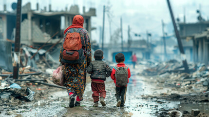 Desperate escape: arab mother and children flee war-torn city