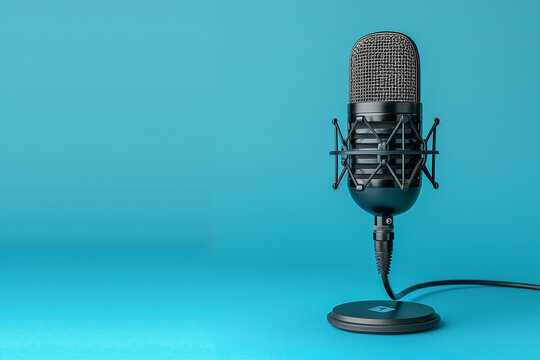 Microphone with waveform on blue background, podcast banner concept