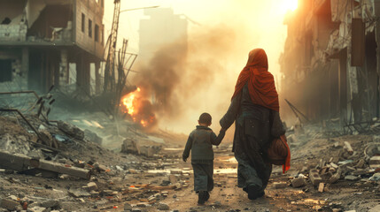 Leaving behind destruction: arab mother protects children in escape from city - obrazy, fototapety, plakaty