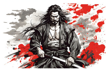 samurai is standing with a painting style