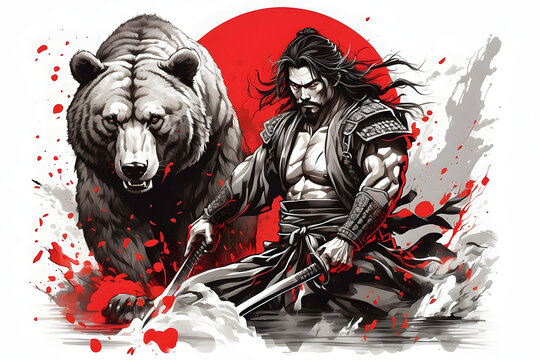 samurai is ready for a battle with a bear,