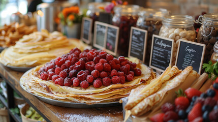 Freshly made crepes topped with raspberries at a rustic crepe station with assorted toppings