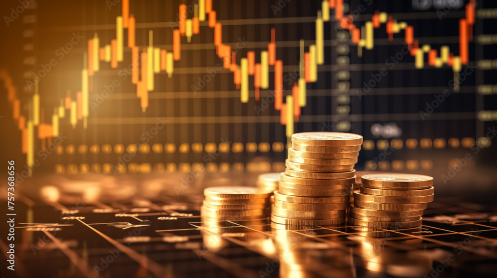 Poster stacks of golden coins in ascending order with a glowing stock market graph in the background.