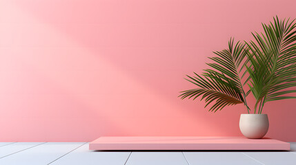 A single green plant elegantly presented on a white platform against a soft pink wall for a tranquil and natural feel
