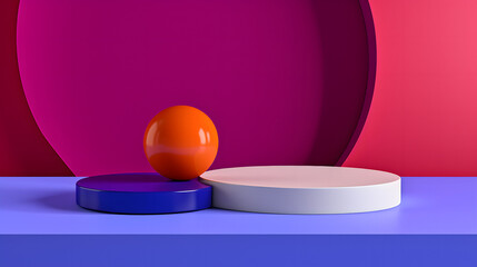 This image depicts colorful geometric shapes with a glossy orange sphere, projecting a playful and creative atmosphere