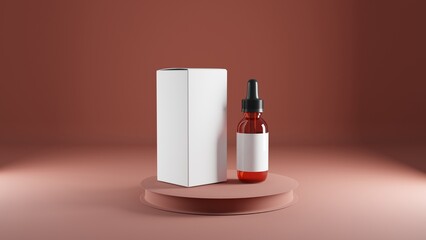 3d render of a bottle of essential oil and a white box