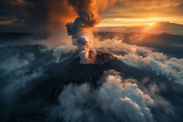 Aerial view of a volcanic eruption at sunset, suitable for adventure themes. - obrazy, fototapety, plakaty