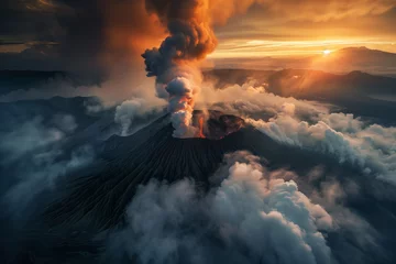 Foto op Canvas Aerial view of a volcanic eruption at sunset, suitable for adventure themes. © Vladimir