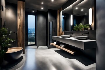 bathroom with black tiles