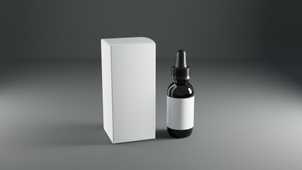 Mockup of a black glass dropper bottle with blank label standing on a white box