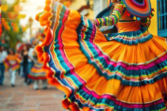 A woman in a colorful dress is dancing on a street. The dress is orange and has many different colors