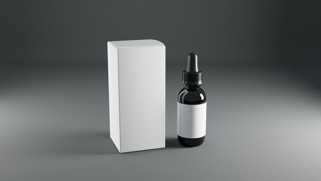 Mockup of a black glass dropper bottle with blank label standing on a white box