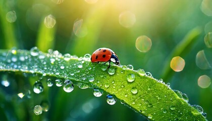 Drops of morning dew and ladybug on young juicy fresh greenleaves glow in sunlight in nature