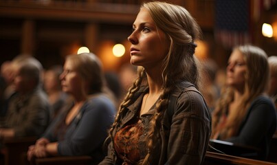 Woman Sitting in Church With Others - obrazy, fototapety, plakaty