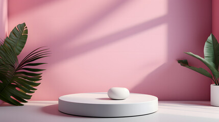 Fototapeta na wymiar A modern minimalist pink room with plant shadows casting over a white podium, evoking a tranquil and clean aesthetic